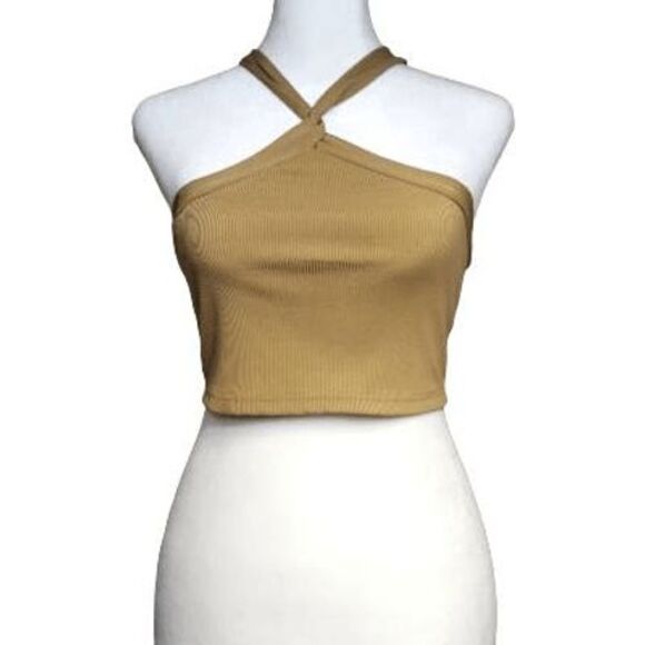 SHEIN Tops - Shein Tan Cropped Halter Top Sz S Ribbed Twist Top Caramel